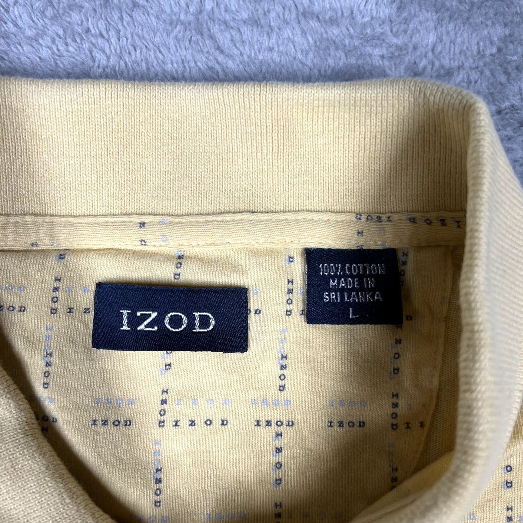 Izod VINTAGE IZOD Polo Shirt Mens Large Striped Text All Over Print Yellow 100% Cotton Short Sleeve Button Closure Casual Rugby Style Retro Modern Mens Size US L / EU 52-54 / 3 - 5 Thumbnail