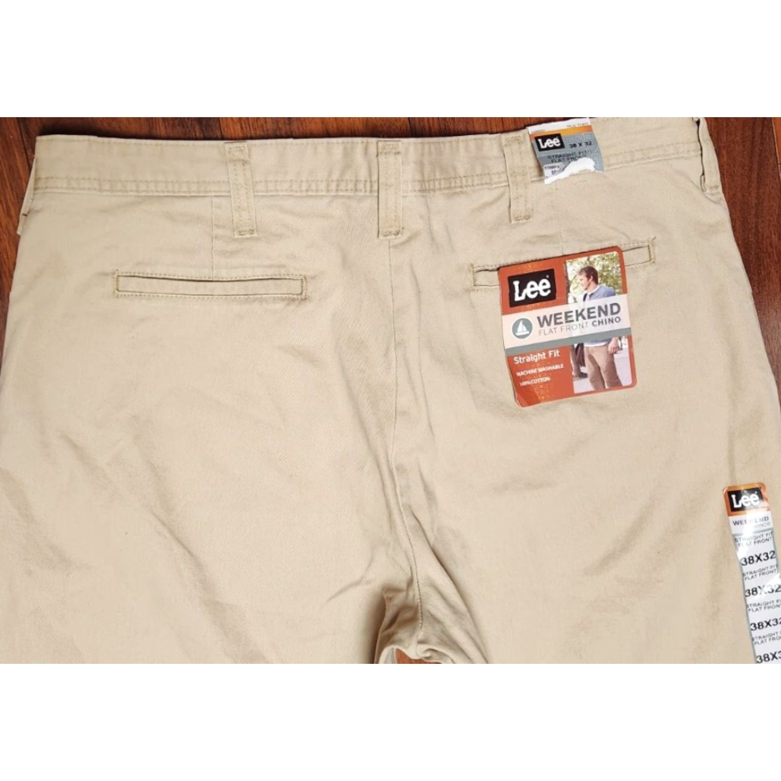 Lee LEE Weekend Chino Pants Straight Men 38x32 Vintage NWT Beige Cotton Flat Front Regular Rise Adjustable? (remove?) Size US 38 / EU 54 - 3 Thumbnail