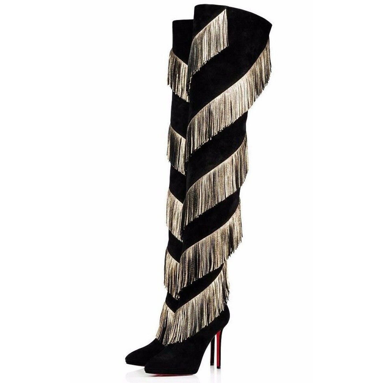 Christian Louboutin Christian Louboutin Bolcheva 120 Black Gold Fring Thigh High Size US 10.5 / IT 40.5 - 1 Thumbnail