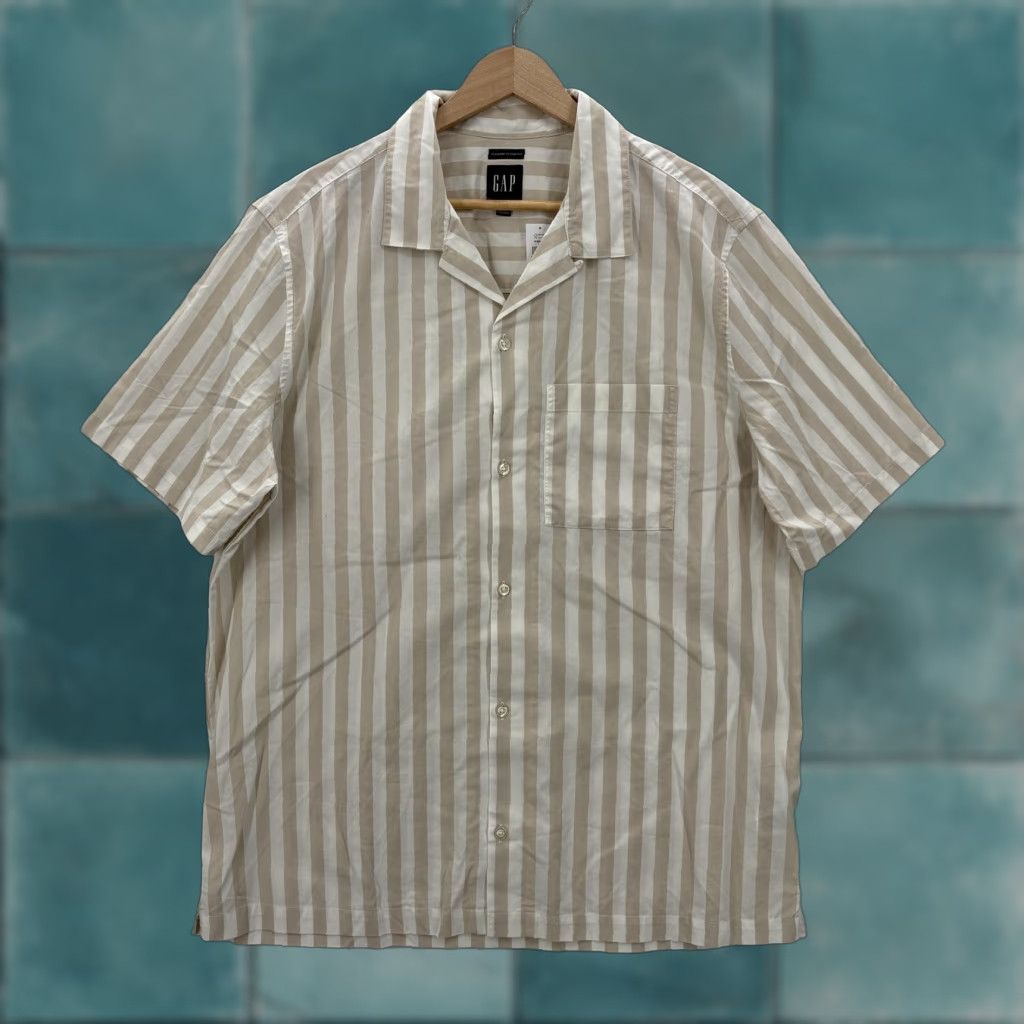 Gap Gap Shirt Mens Large Beige Khaki Stripe Short Sleeve Button-Up Poplin Stretch Size US L / EU 52-54 / 3 - 1 Thumbnail