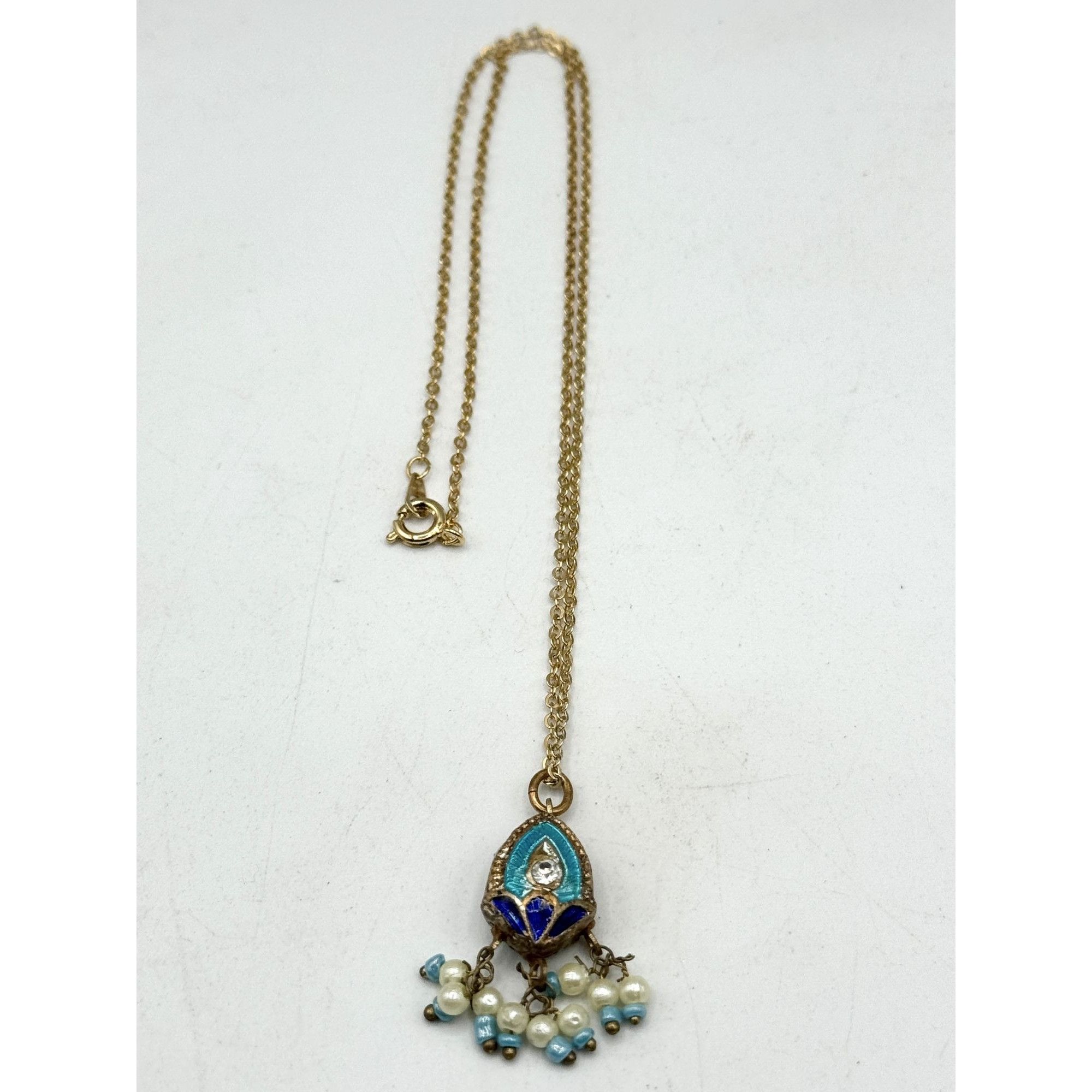 Vintage blue cloisonné enamel pearl charm pendant necklace