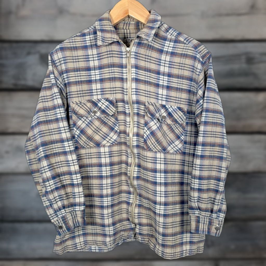 Propper VINTAGE Property 90s Zip Up Flannel Shirt Men Large Gray Beige Plaid Grunge Workwear Size US L / EU 52-54 / 3 - 1 Thumbnail