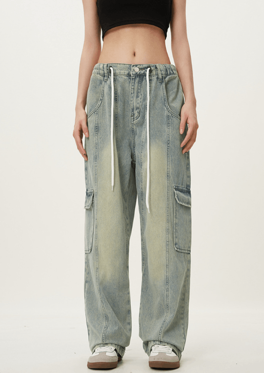 Japanese Brand × Jean Retro elastic waist loose casual drawstring cargo jeans Size US 32 / EU 48 - 1 Thumbnail