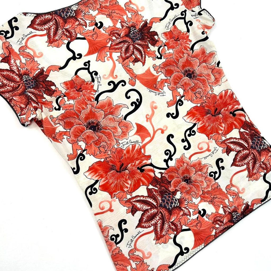 Just Cavalli y2k Cavalli white short sleeve top, red black floral print Size L / US 10 / IT 46 - 5 Thumbnail