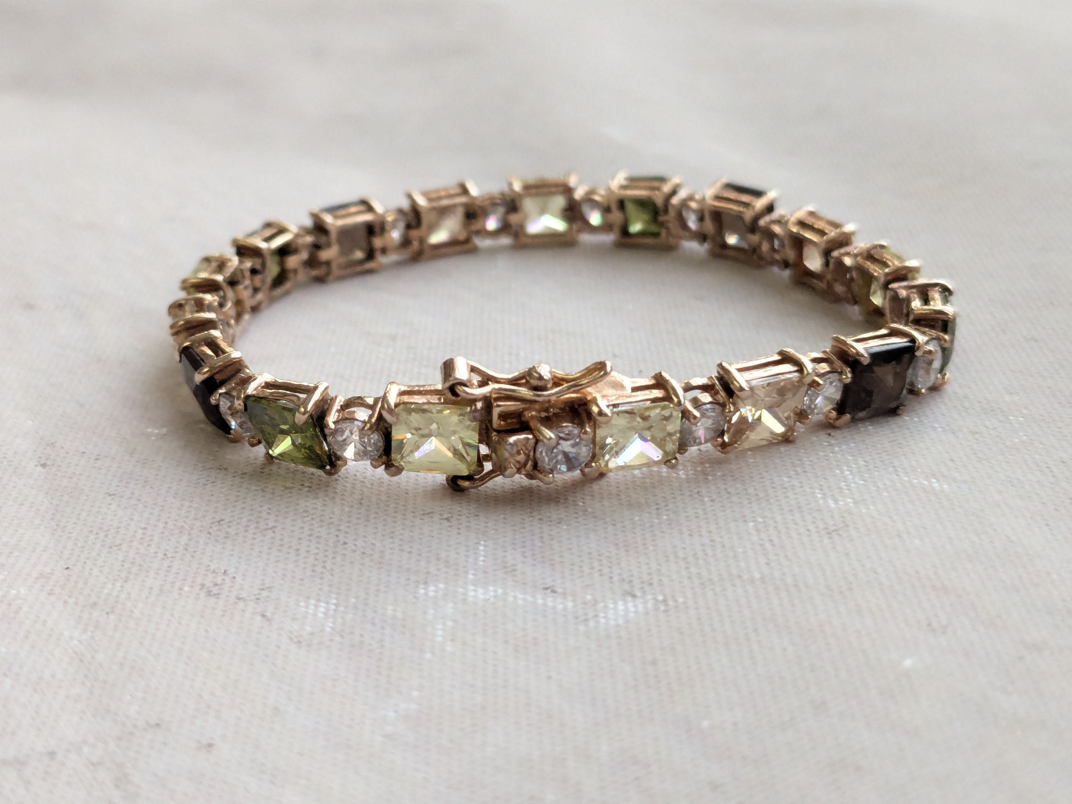 Jewelry Sterling Silver Tennis Bracelet Green Clear Gold 7.25" Size ONE SIZE - 7 Thumbnail