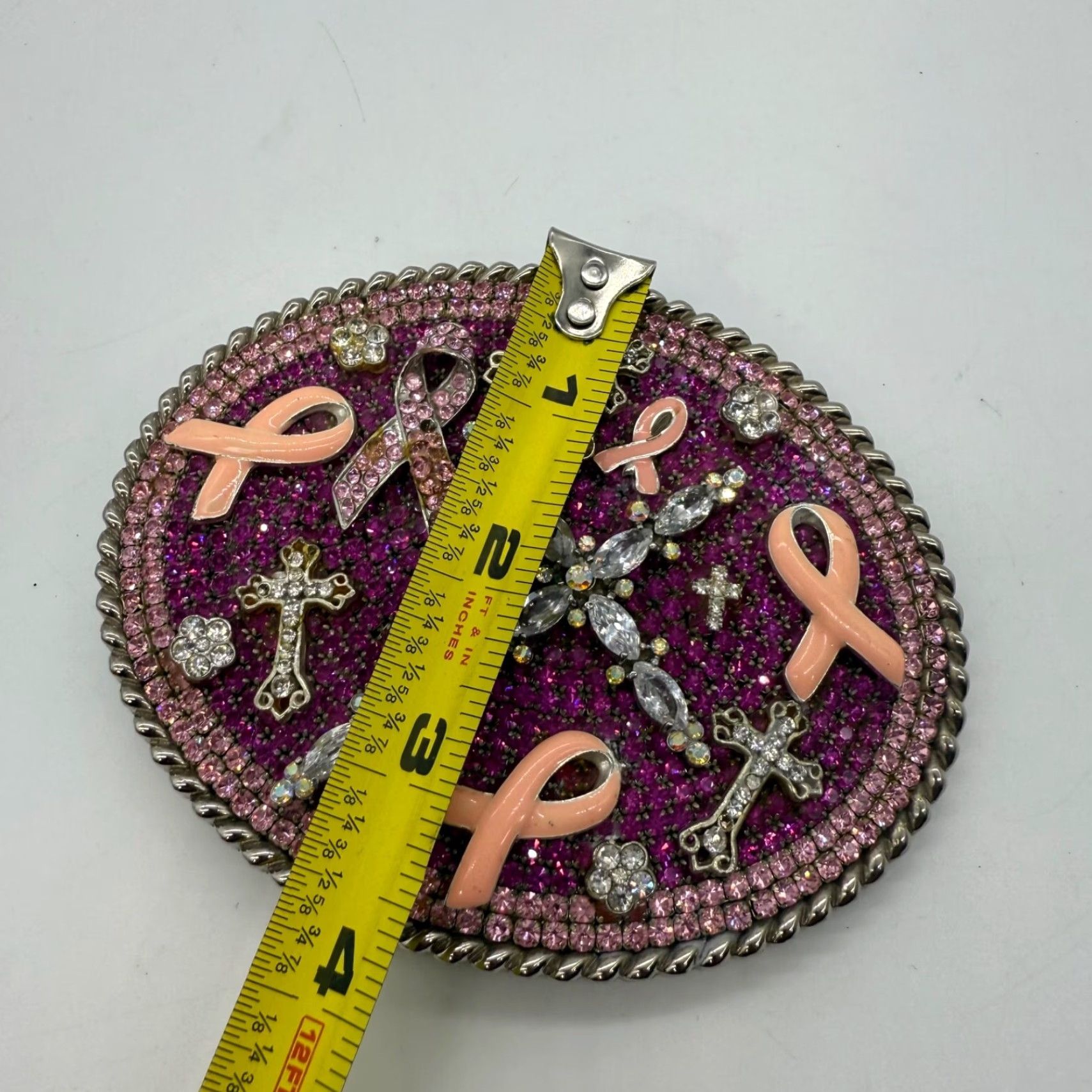 Vintage PARW Buckles Pink Rhinestone Cross Belt Buckle Breast Cancer Ribbon Women Belt Buckle XS Pink Rhinestone Cross Size ONE SIZE - 2 Thumbnail