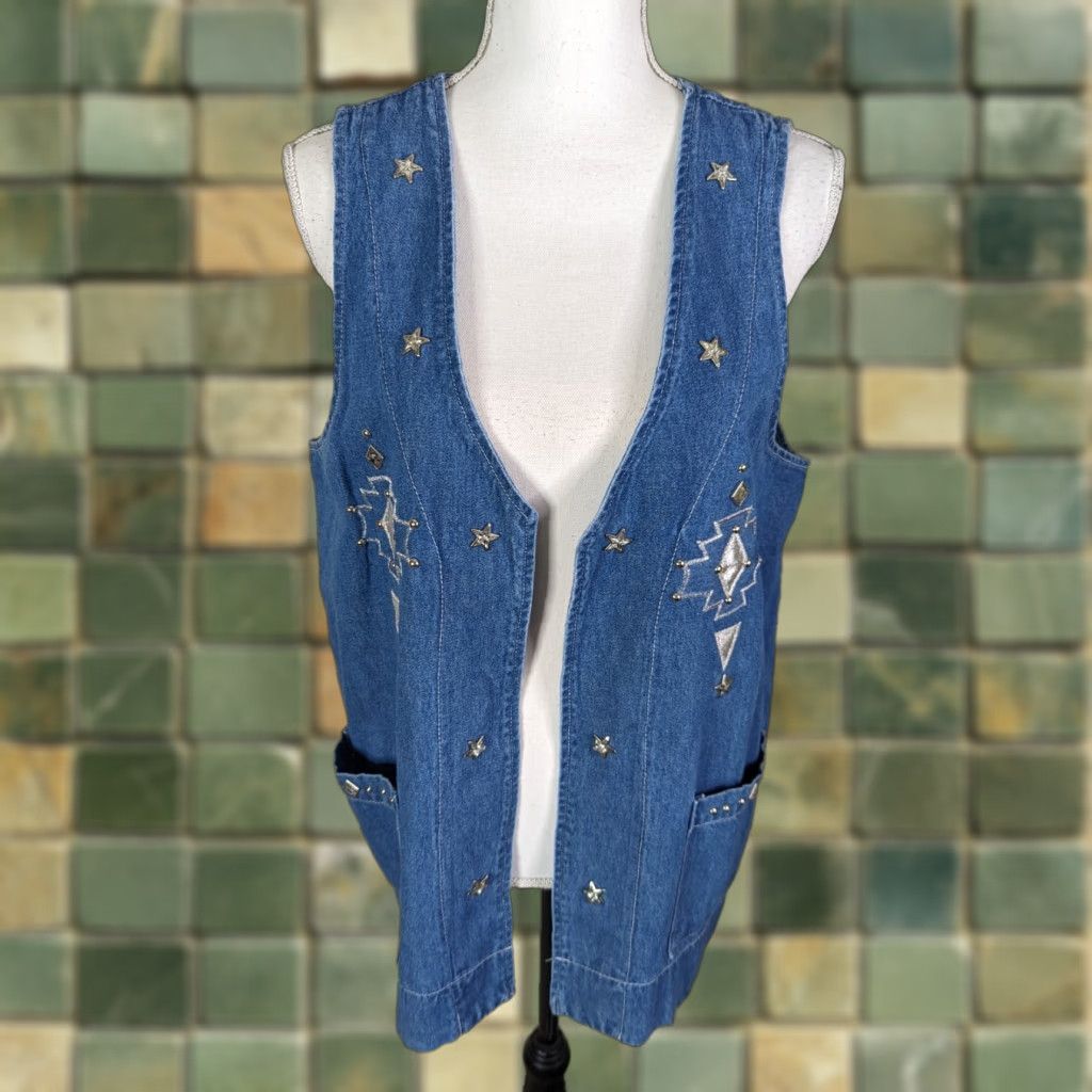Denime VINTAGE Vest Denim Aztec Southwestern Navajo Jean Buttons Western Women S V1J Shirt Size 28" / US 6 / IT 42 - 1 Thumbnail