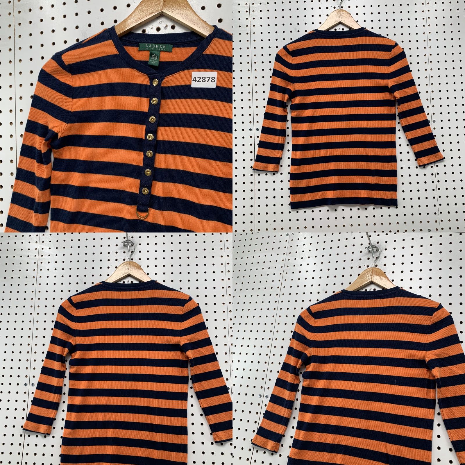 Ralph Lauren Lauren Ralph Lauren Henley Shirt Womens Small Orange Navy Striped 3/4 Sleeve Casual Blouse Size S / US 4 / IT 40 - 8 Thumbnail