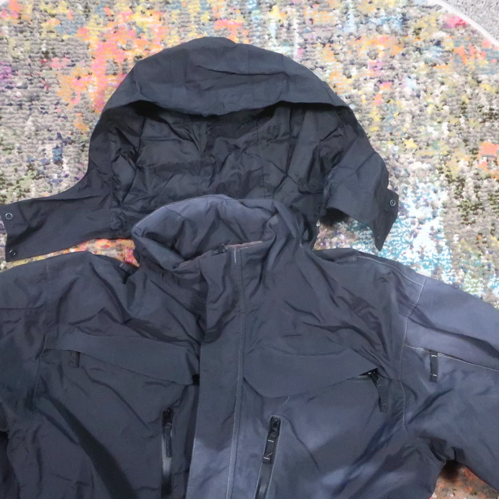 Vintage TRU-SPEC Weathershield Parka Jacket Mens XL Black Rain Coat Mid-Length Nylon Softshell Bleach Stains/Hid hoodie missing zip out fleece liner Size US XL / EU 56 / 4 - 6 Thumbnail