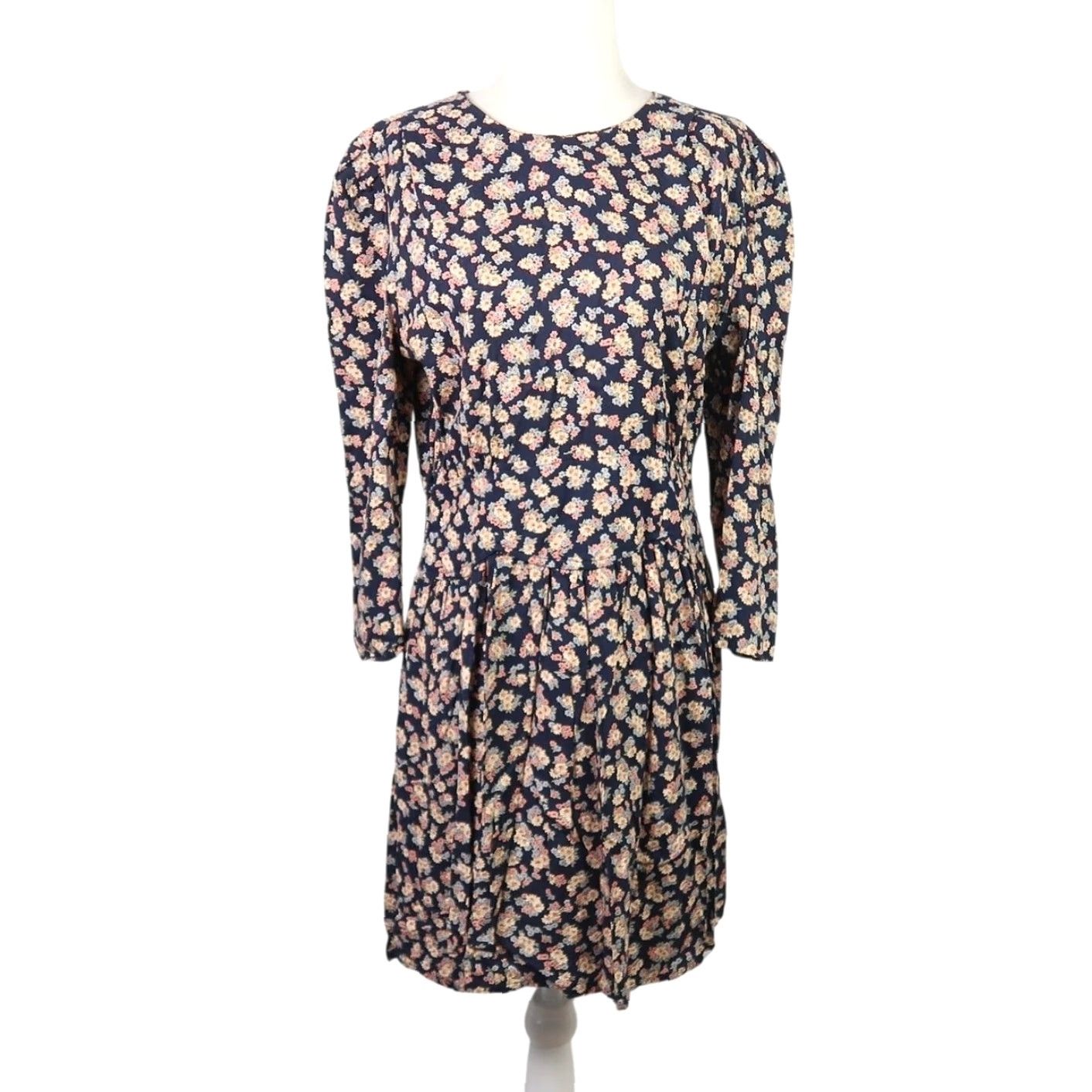 Vintage VINTAGE Lisa Dress Bohemian 90s Floral Long Sleeve Mini Navy Blue Cream Womens 10 Size L / US 10 / IT 46 - 2 Thumbnail