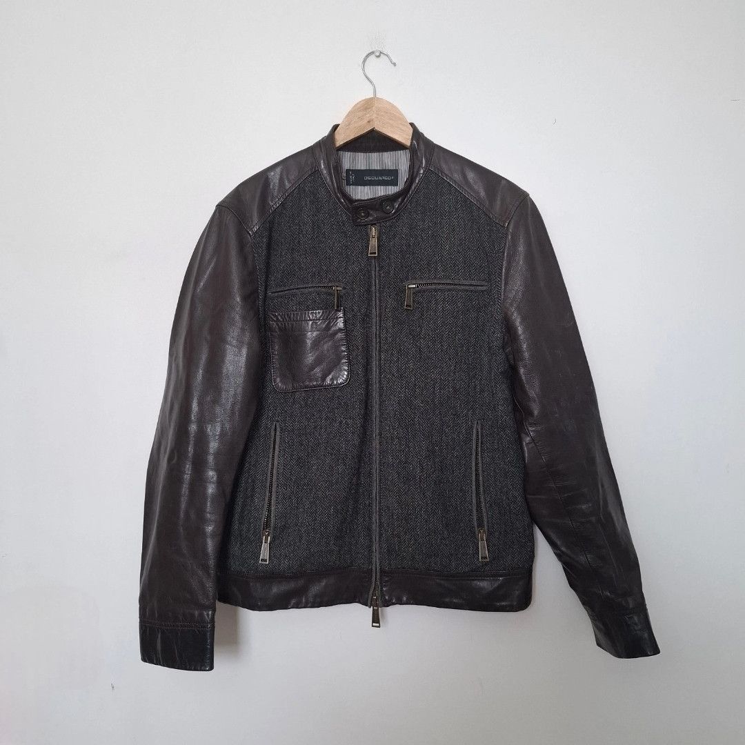 Dsquared2 DSQUARED2 Vintage Brown Leather Wool Zip Up Biker Jacket Size US XL / EU 56 / 4 - 1 Thumbnail