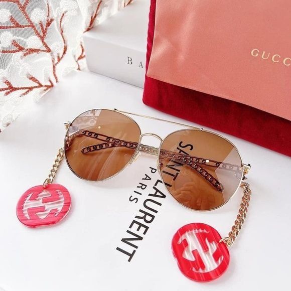 image of New Gucci Gg0725S - 002 Charm Aviator Sunglasses in Brown, Women's