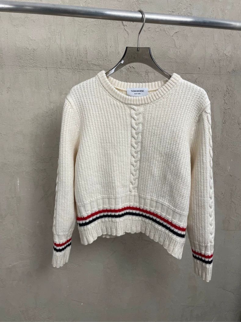 Thom Browne Thom browne Beige hem color stripe short round-neck wool sw Size US M / EU 48-50 / 2 - 1 Thumbnail