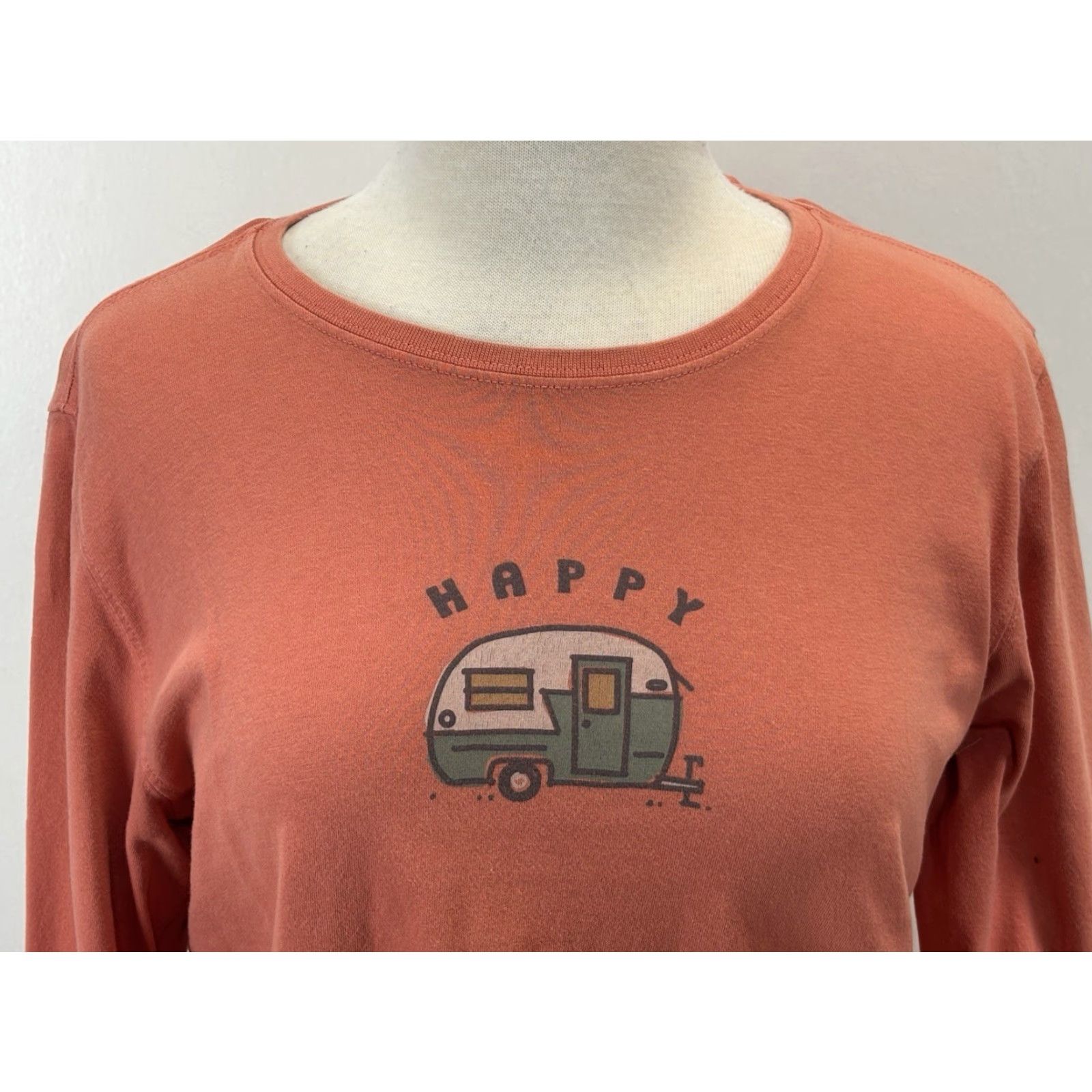 Life is Good Life is Good Women's T-Shirt, Orange Happy Camper V-Neck Long Sleeve, Relaxed Fit, Size M, Graphic Tee, Cotton, Camping/Mountains, Womens Size M / US 6-8 / IT 42-44 - 5 Thumbnail