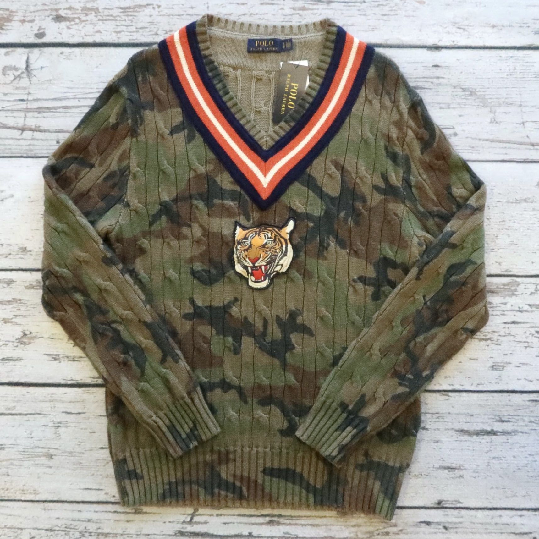 Polo Ralph Lauren Polo Ralph Lauren Tiger Patch Camo Cable Knit Varsity V Neck Sweater Size S Size US S / EU 44-46 / 1 - 2 Thumbnail
