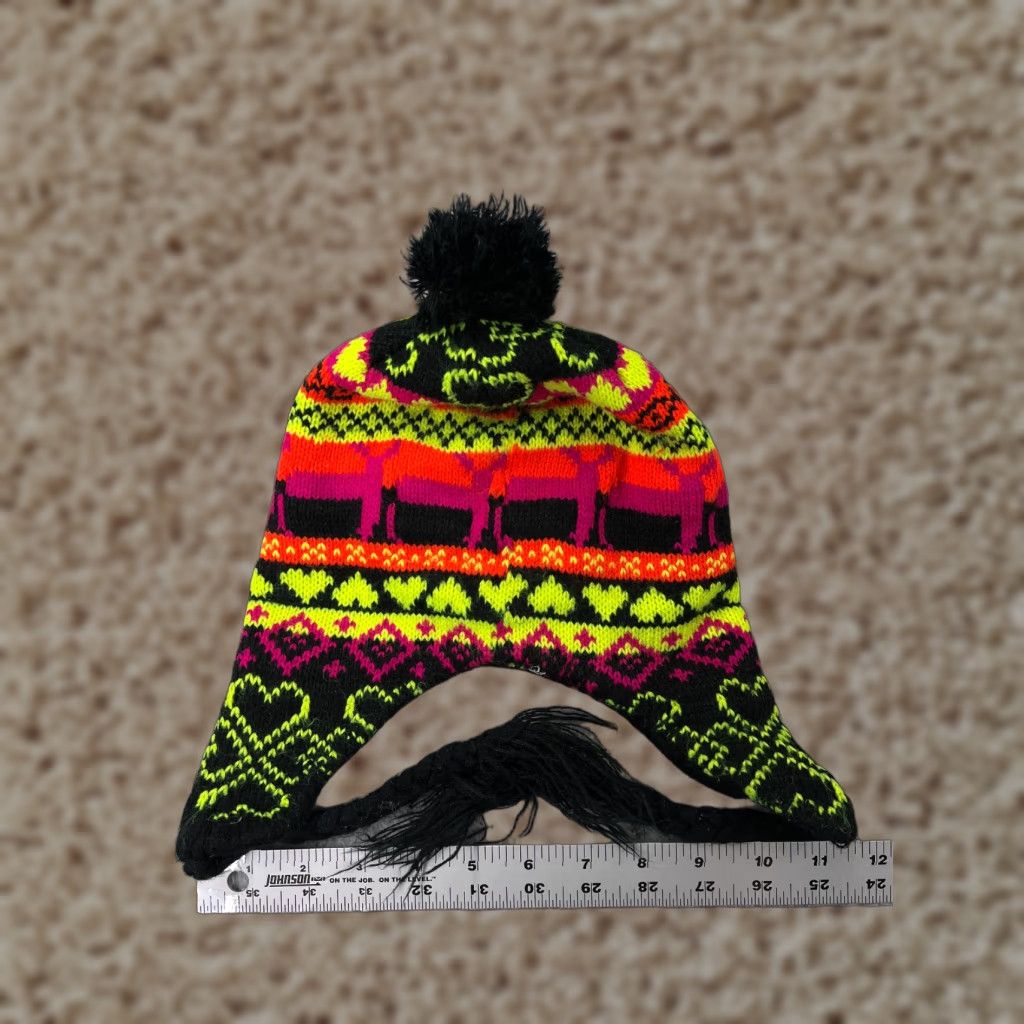 Pinko Heart Beanie Toque One Size Adult Yellow Pink Stripe Ear Flaps Acrylic Pom - Unbranded Beanie Hat Knit Size ONE SIZE - 1 Thumbnail