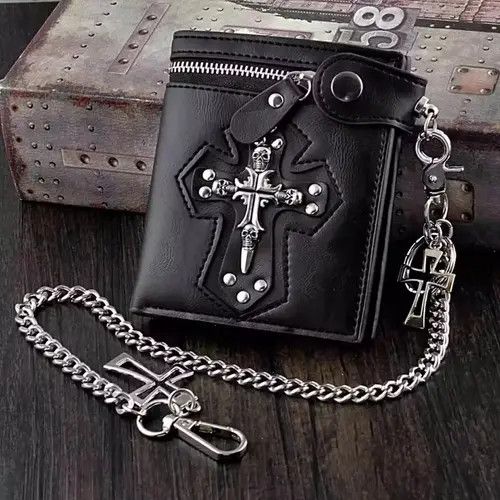 Leather Cross Clasp Leather Wallet with Antique Biker Chain Size ONE SIZE - 1 Thumbnail