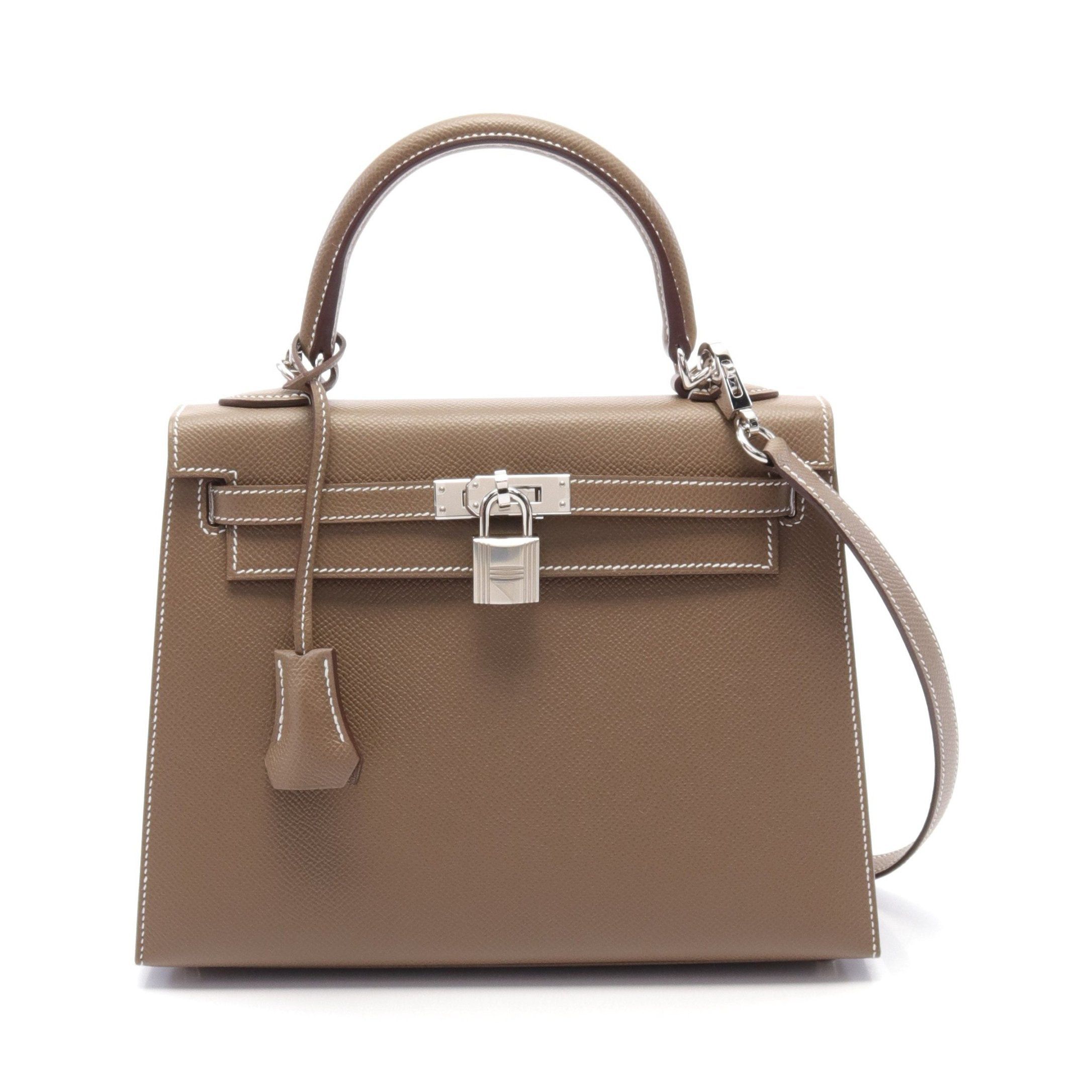 Hermes Kelly 25 Etoupe Handbag Veau Epsom Gray Brown Silver Hardware Outside Sewing D Stamp