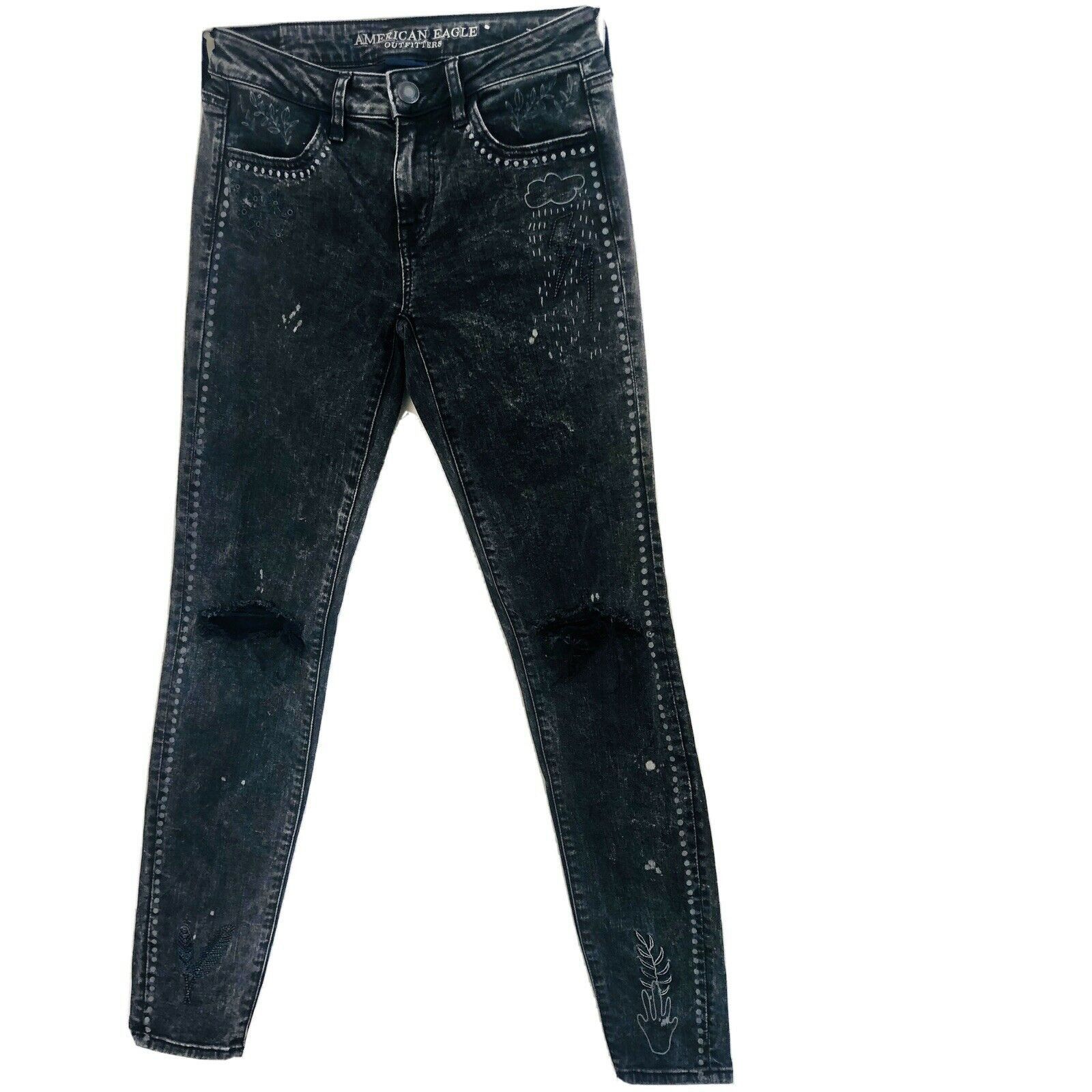 AEO American Eagle Washed Black Stencil Doodle Skinny Jeans