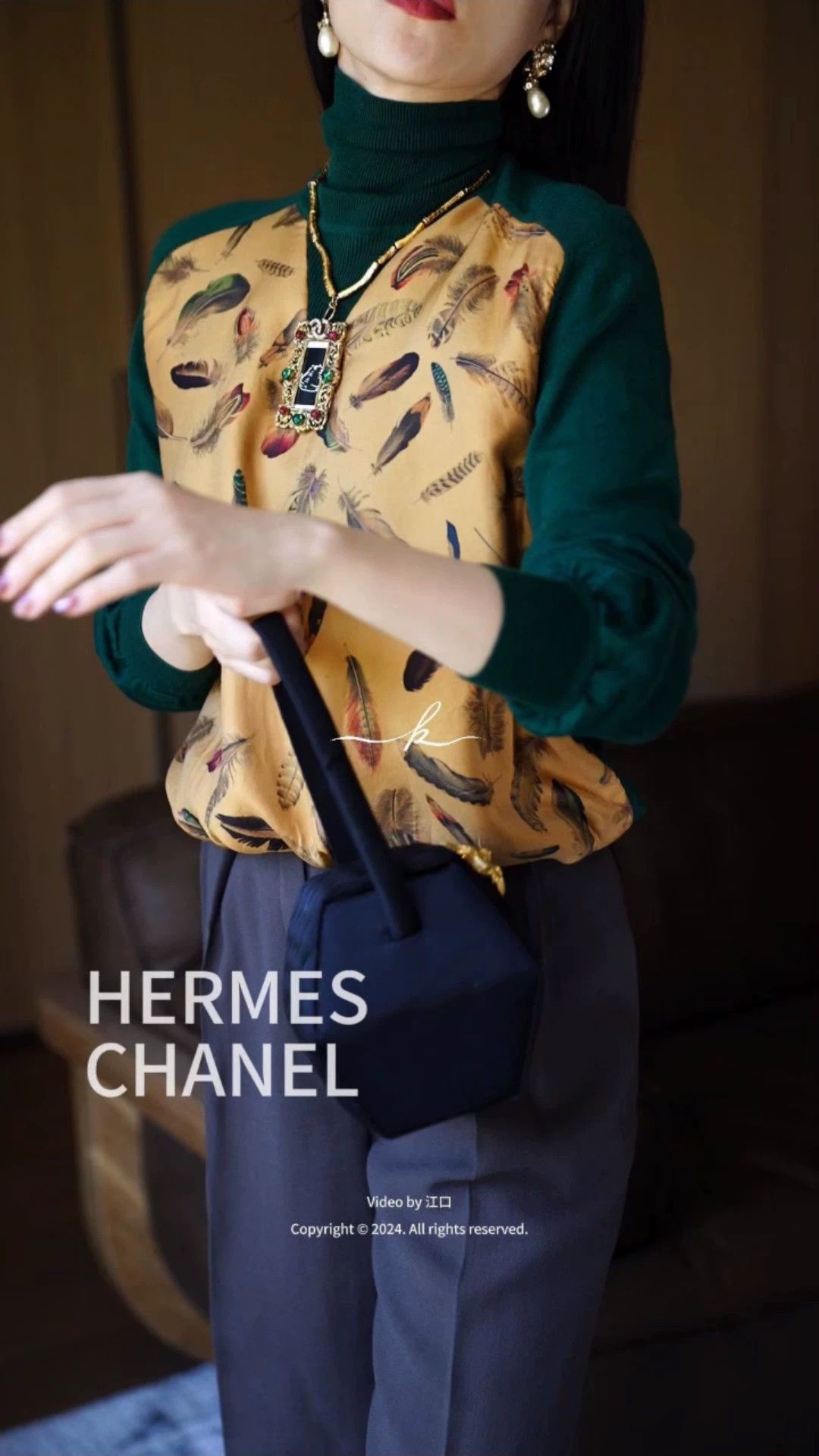 Hermes Hermes Plumes Silk Printed Sweater Emerald & Ginger Size M / US 6-8 / IT 42-44 - 1 Thumbnail
