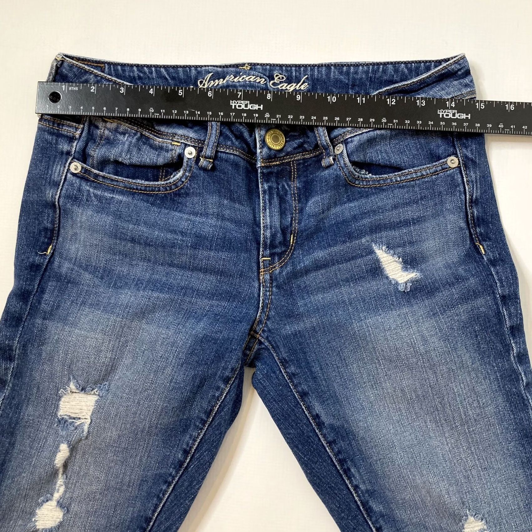 American Eagle Outfitters AEO American Eagle Slouchy Skinny Jeans 2 Blue Distressed Rip Stretch Denim Jeans Women XS- Regular Slim 30in Inseam Belt Loops Distressed Size 26" / US 2 / IT 38 - 6 Thumbnail