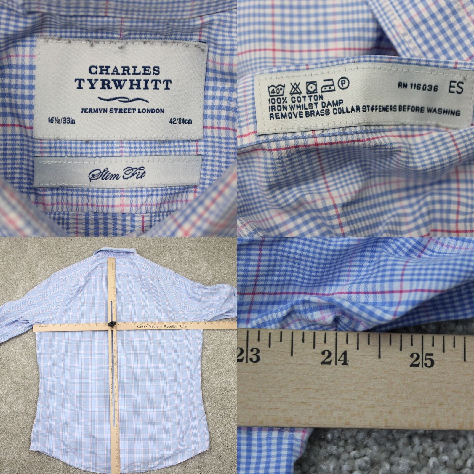 Charles Tyrwhitt Charles Tyrwhitt Shirt Mens 16 1/2 33 Slim Fit Long Sleeve Blue Pink Check Button-Down Dress Shirt Size US XL / EU 56 / 4 - 8 Thumbnail