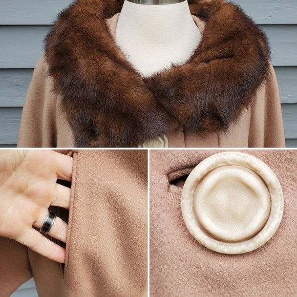 Vintage Vintage 50s 60s Jackie O Kennedy Tan Wool Brown Mink Coat Size XL / US 12-14 / IT 48-50 - 4 Thumbnail