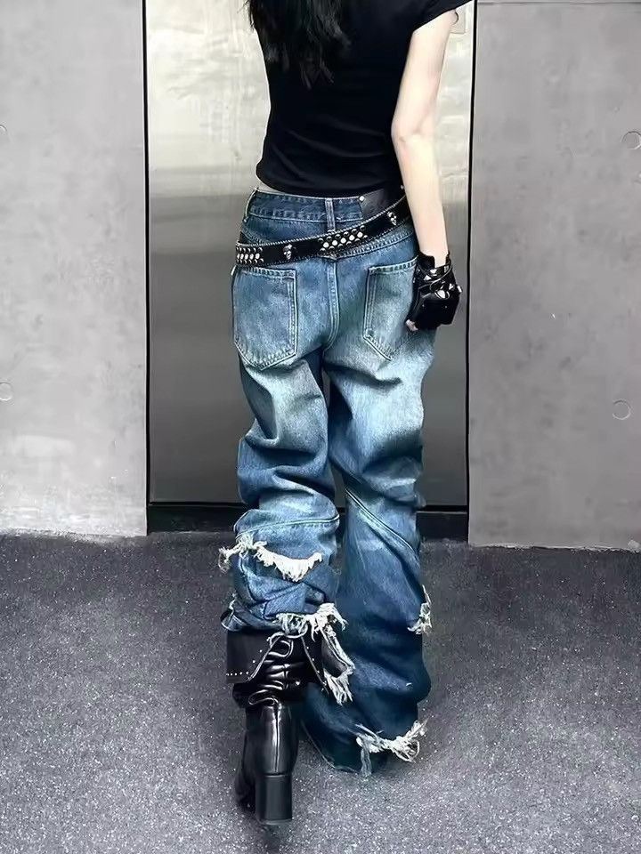 Japanese Brand Retro Y2K Style Patchwork Blue Baggy Stacked Jeans Size 28" / US 6 / IT 42 - 10 Thumbnail