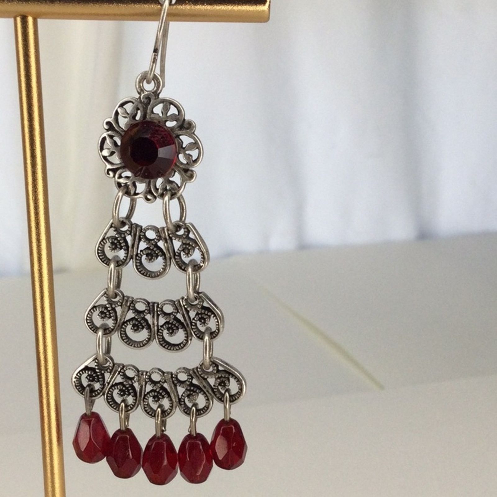 Other Retro 1990's Silver Tone Garnet Bead Chandelier Earrings Size ONE SIZE - 3 Thumbnail