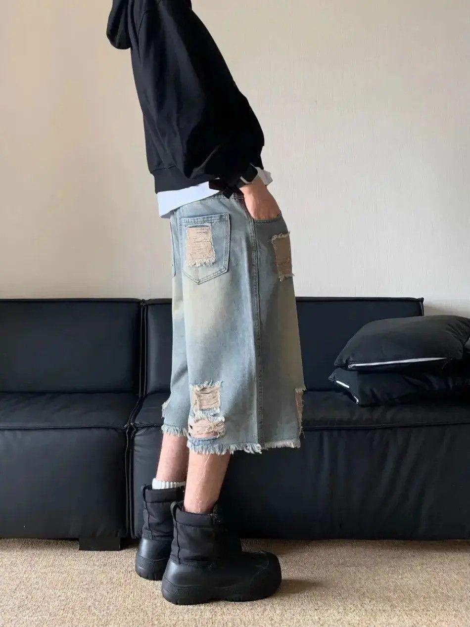 Japanese Brand Street Jorts Washed Dirty Hole Short Jeans y2k Size US 32 / EU 48 - 3 Thumbnail