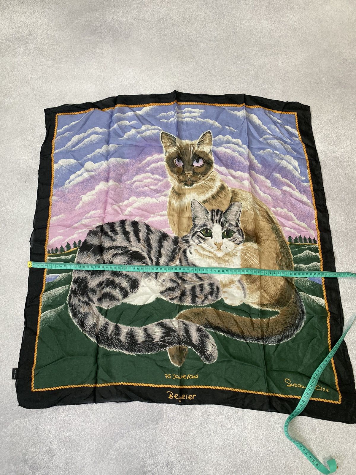 Designer × Vintage SCARF VINTAGE SUZANNE Klee Beyeler Siamese Cats Green Silk Size ONE SIZE - 12 Thumbnail