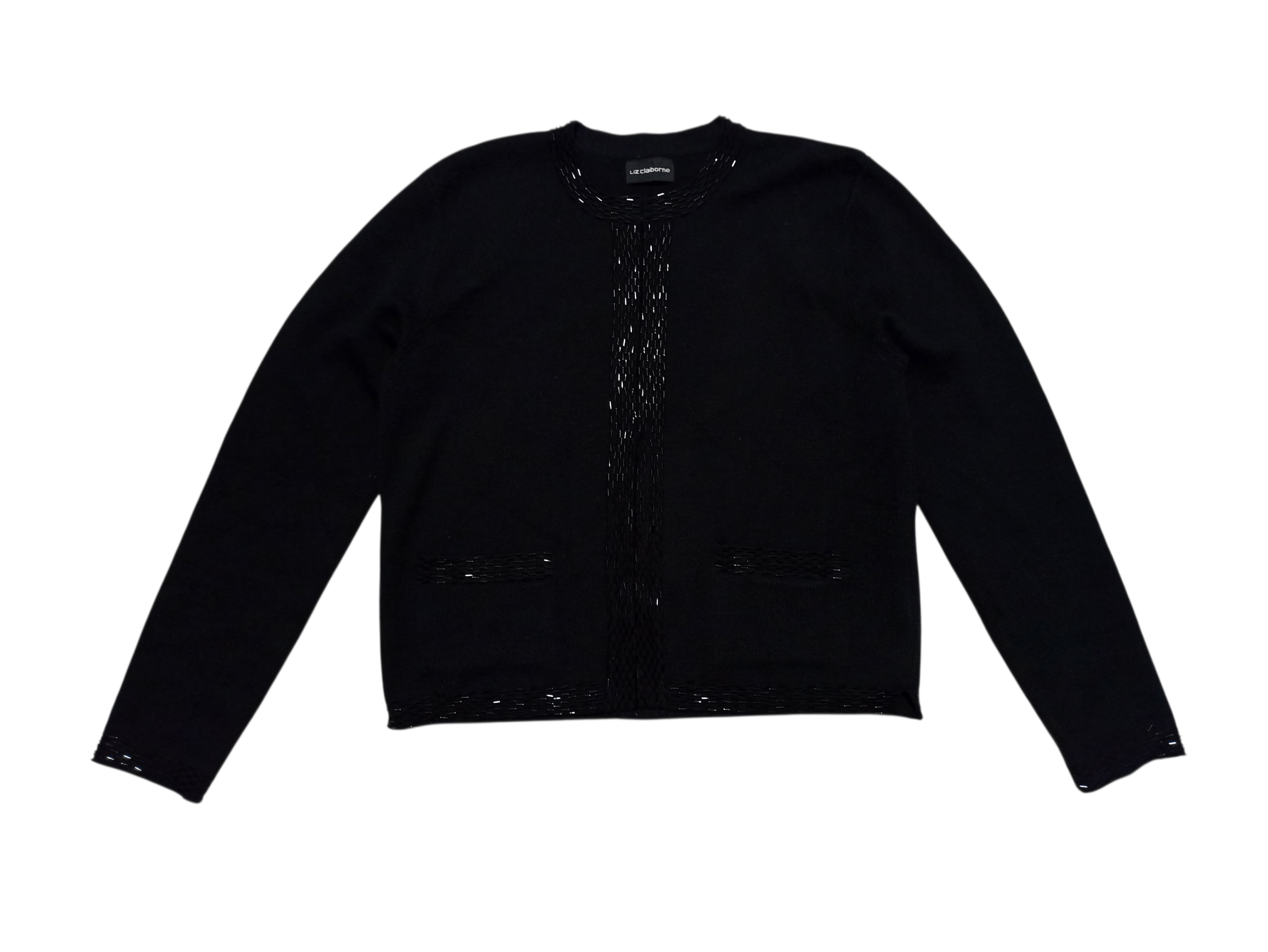 Liz Claiborne Vintage Black Beaded Merino Wool Cardigan