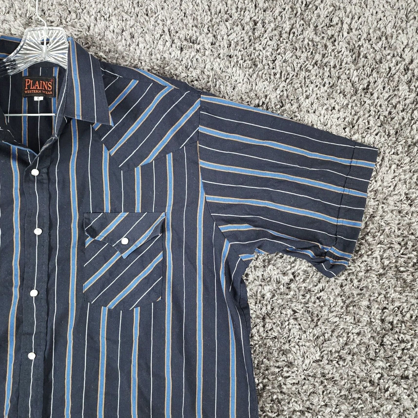 Vintage Plains Western Wear Shirt Mens Black Blue Striped Short Sleeve Button-Up Size L Western Pattern Snap Closure Blue 90s style? Size US 33 - 3 Thumbnail