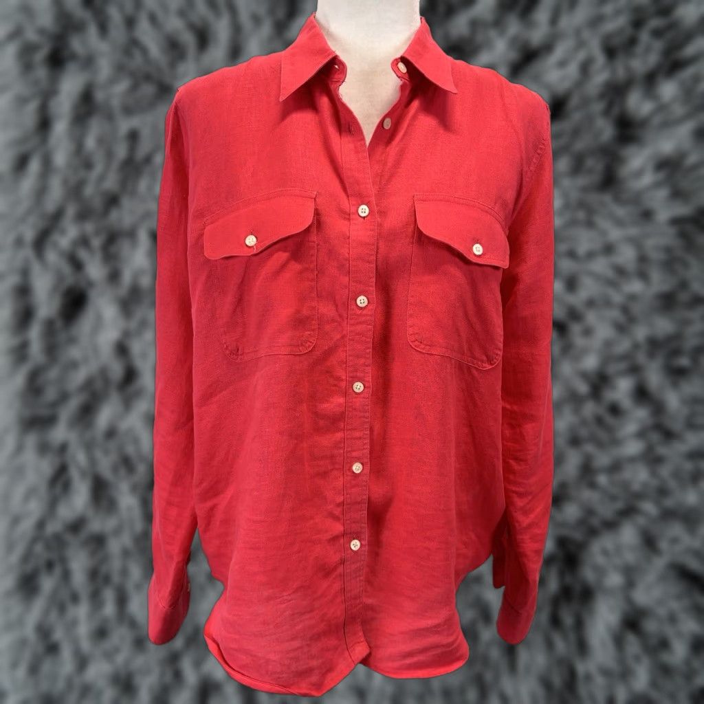 Ralph Lauren VINTAGE Lauren Ralph Lauren Shirt Linen Button-Up Women’s Large Pink Roll Tab Sleeves Size L / US 10 / IT 46 - 1 Thumbnail