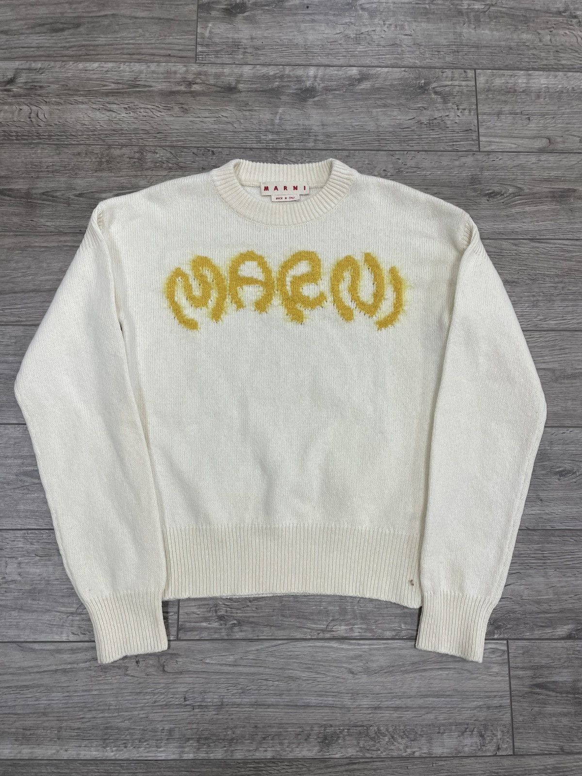 Marni Logo Intarsia Virgin Wool Sweater Stone White Size 48