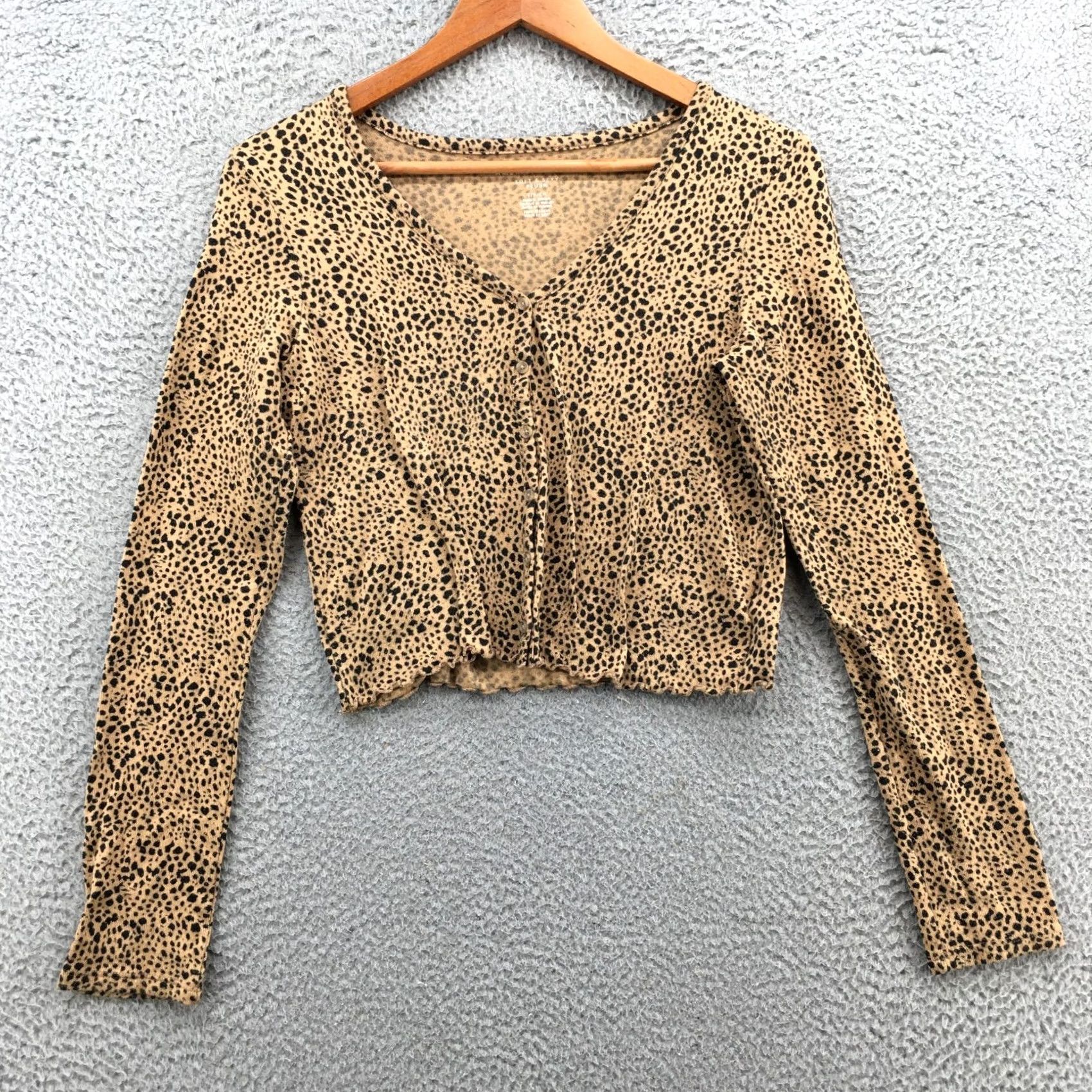 American Eagle Outfitters American Eagle Cropped Button-Up Knit Top Womens S Brown Long Sleeve Polka Dot Shirt Size S / US 4 / IT 40 - 2 Thumbnail