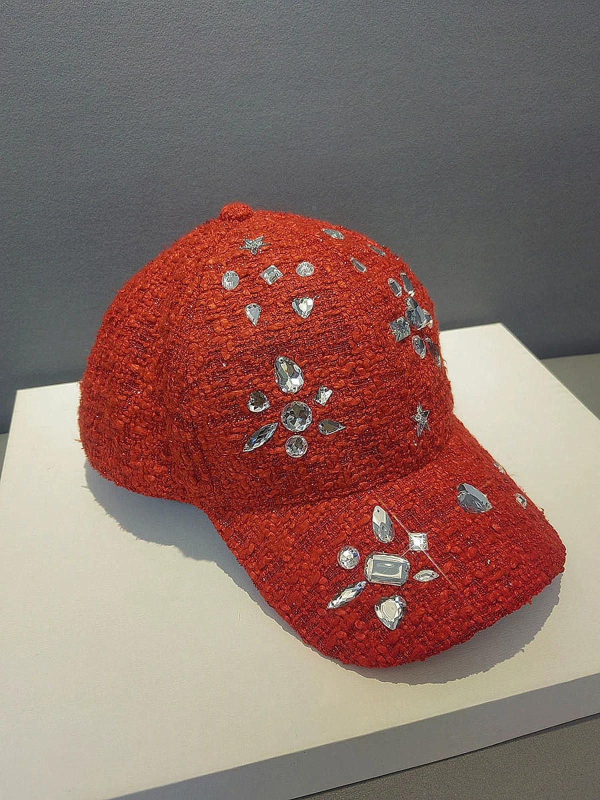 Other Red Embellished Rhinestone Tweed Baseball Cap Size ONE SIZE - 1 Thumbnail