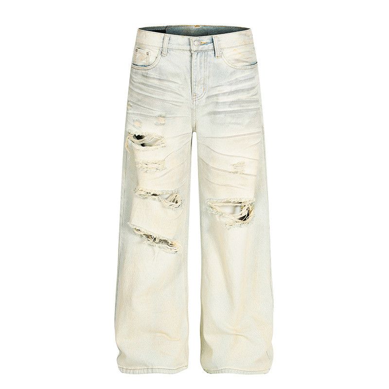 American retro washed distressed wide-leg jeans