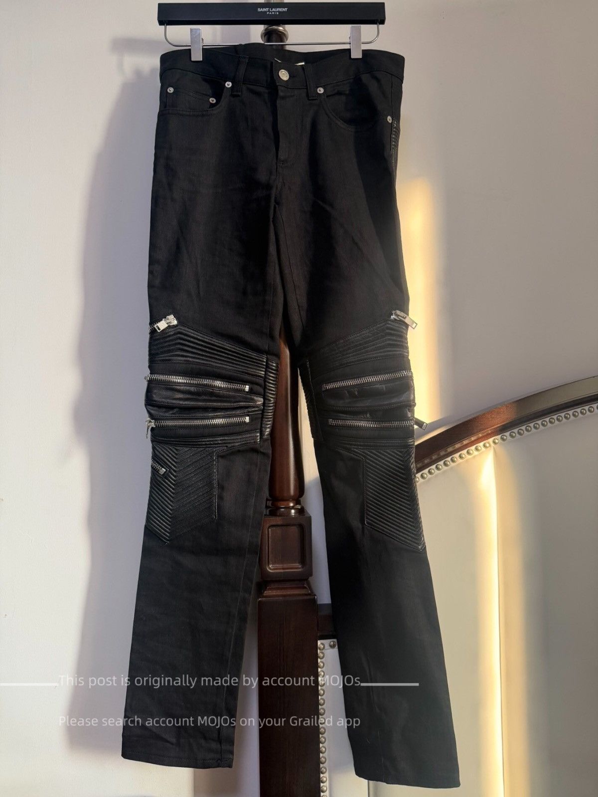 Saint Laurent Paris D04 Moto Zip Biker Denim Jeans with Leather