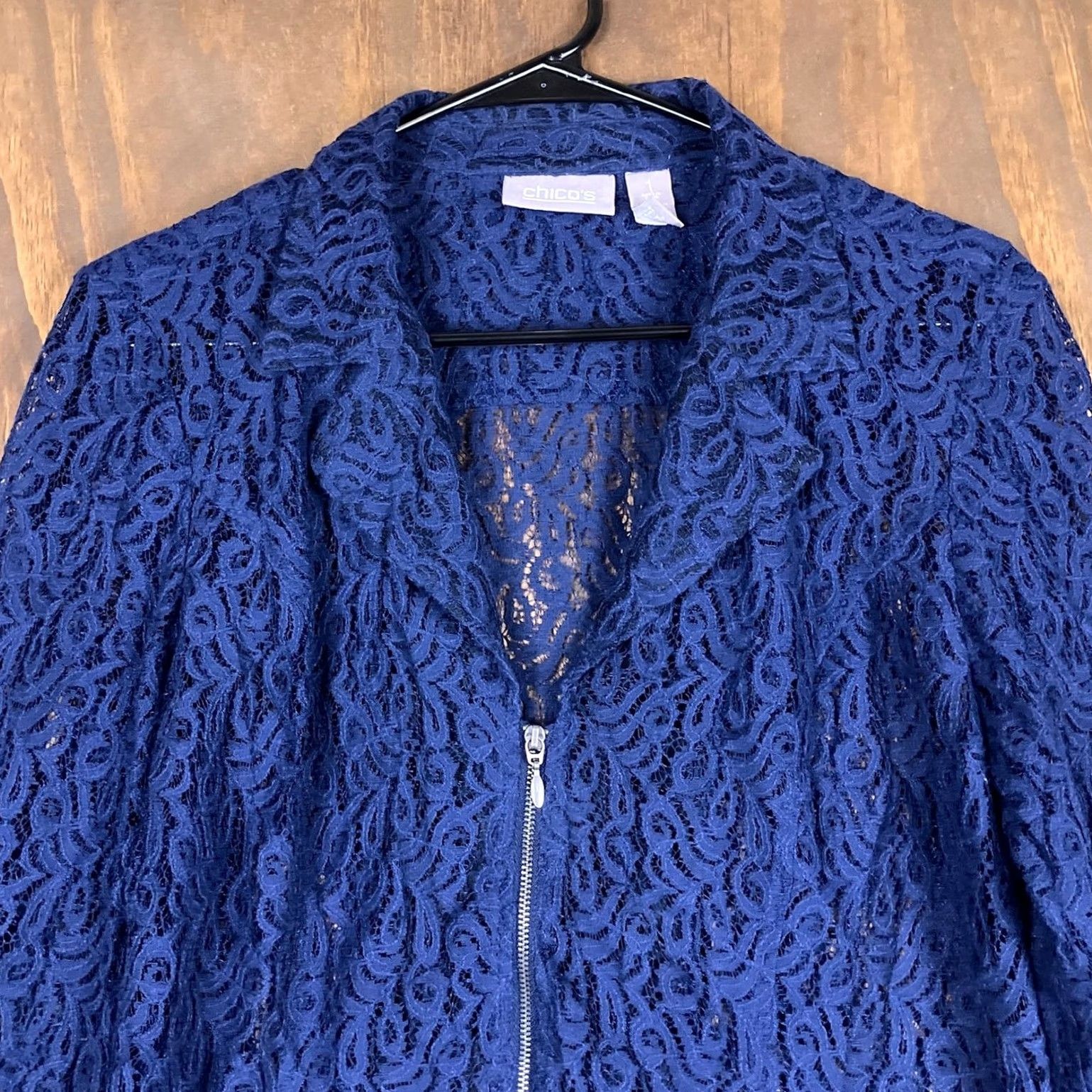 Vintage Chicos Womens Jacket Navy Floral Lace Zip Up Long Sleeve 1 (M) Jacket Womens M Navy Floral Lace Zip Up Long Sleeve Size M / US 6-8 / IT 42-44 - 2 Thumbnail