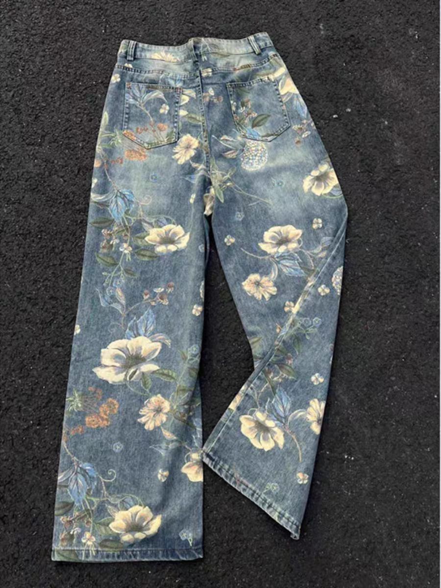 Jean Washed Blue Relaxed Fit Floral Denim Jeans Size US 32 / EU 48 - 2 Thumbnail