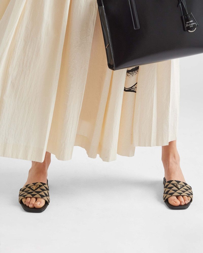 Prada o1B3y1r0526 Embroidered Fabric Slides in Black/Beige Size US 11 / IT 41 - 3 Thumbnail
