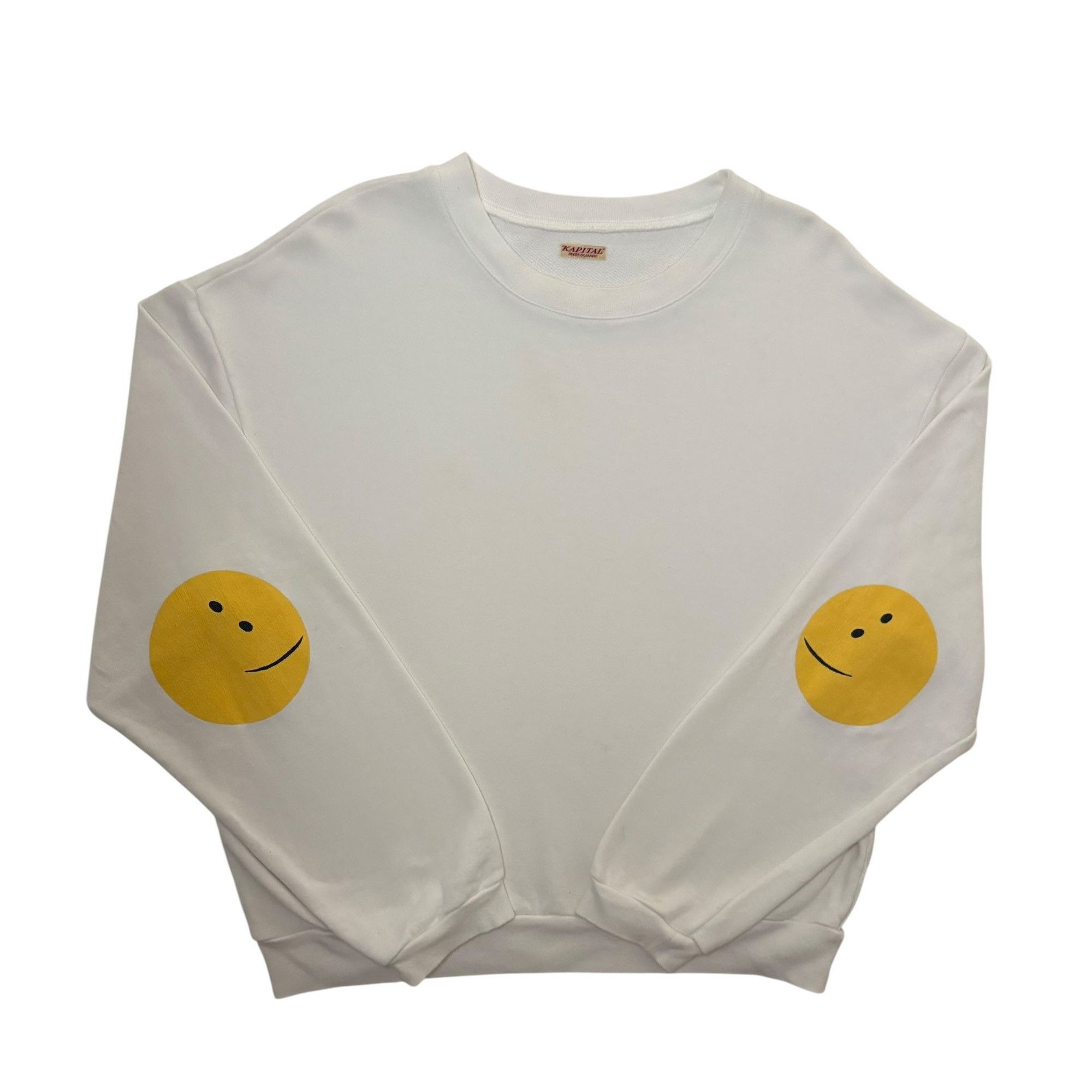 KAPITAL - KAPITAL キャピタル Crew Neck Smiley Patch クルーネックスマイリーパッチ ホワイト サイズ 2 美品 中古 4c074166 Kapital Smiley Crewneck | Grailed
