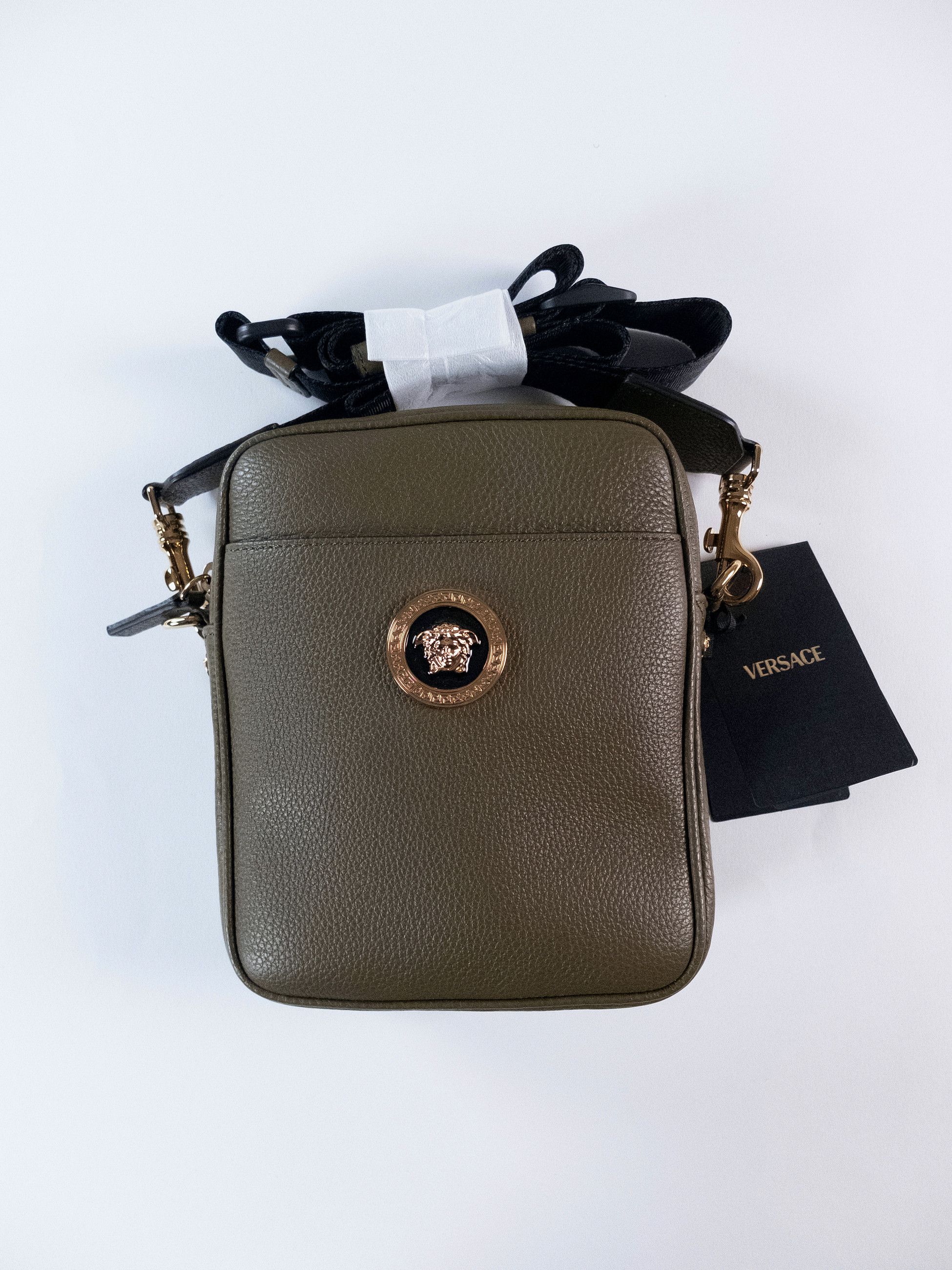 Versace La Medusa Olive Green Leather Crossbody Bag Nwt, Men's