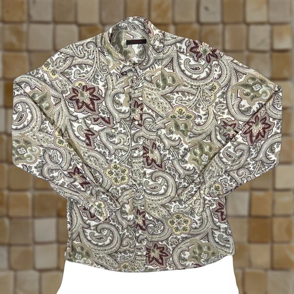 Vintage Two Flowers Paisley Patterned Western Style Popper Long Sleeve Shirt M Mens CREAM Beige/White/Burgundy 100% cotton Western 90s Size US M / EU 48-50 / 2 - 1 Thumbnail