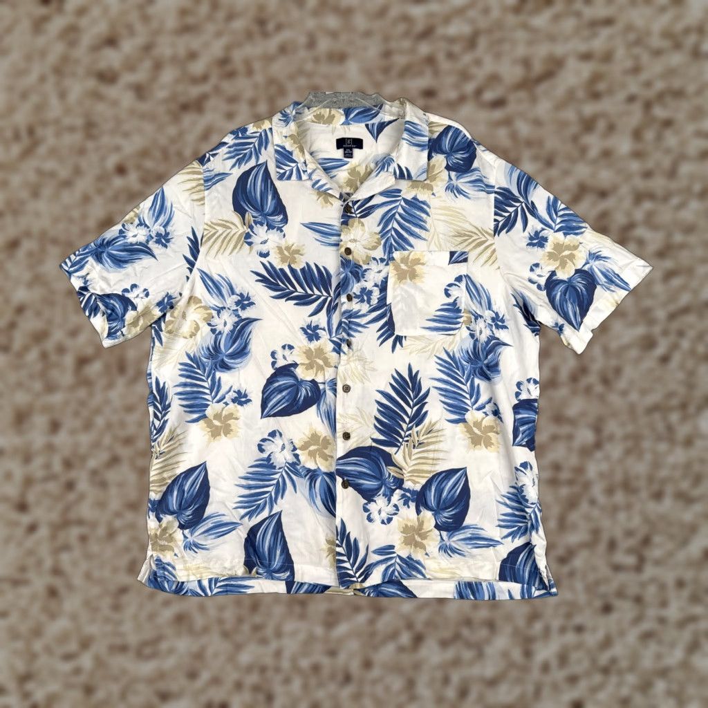 George George Shirt Men 2XL White Blue Floral Hibiscus Button-Up Rayon Hawaiian, Button-Up, Short Sleeve, Regular, George, Floral, Hawaiian, Mens Size US XXL / EU 58 / 5 - 1 Thumbnail