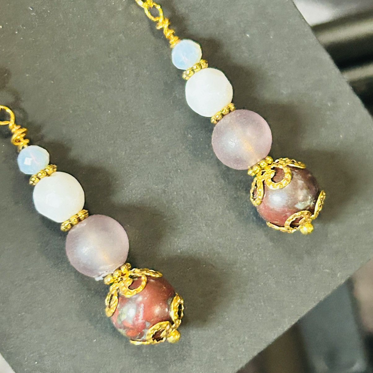 Handmade Handcrafted genuine blood stone milk glass earrings Size ONE SIZE - 3 Thumbnail