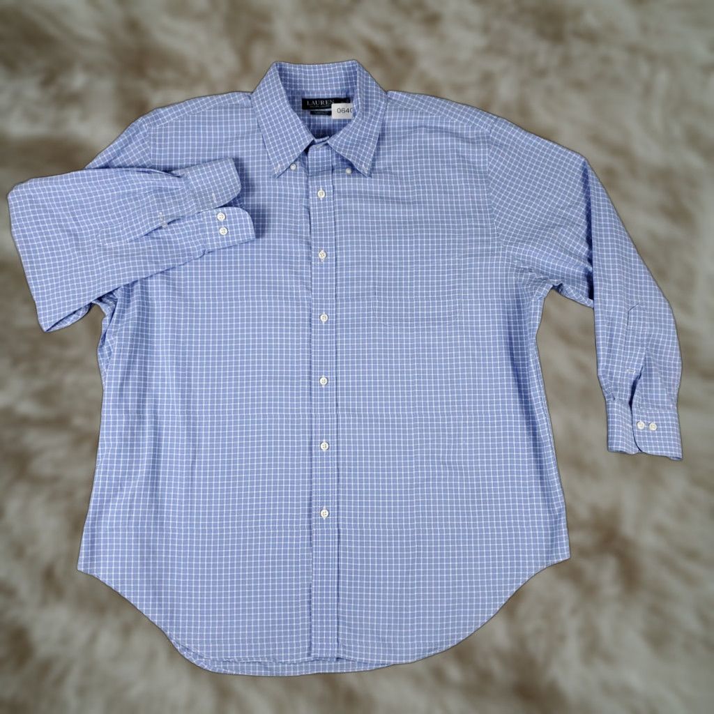 Ralph Lauren Ralph Lauren Shirt Mens 17.5 Blue Check Dress Shirt Long Sleeve Button-Down Collar 100% Cotton Regular Mens Size 46R - 1 Thumbnail
