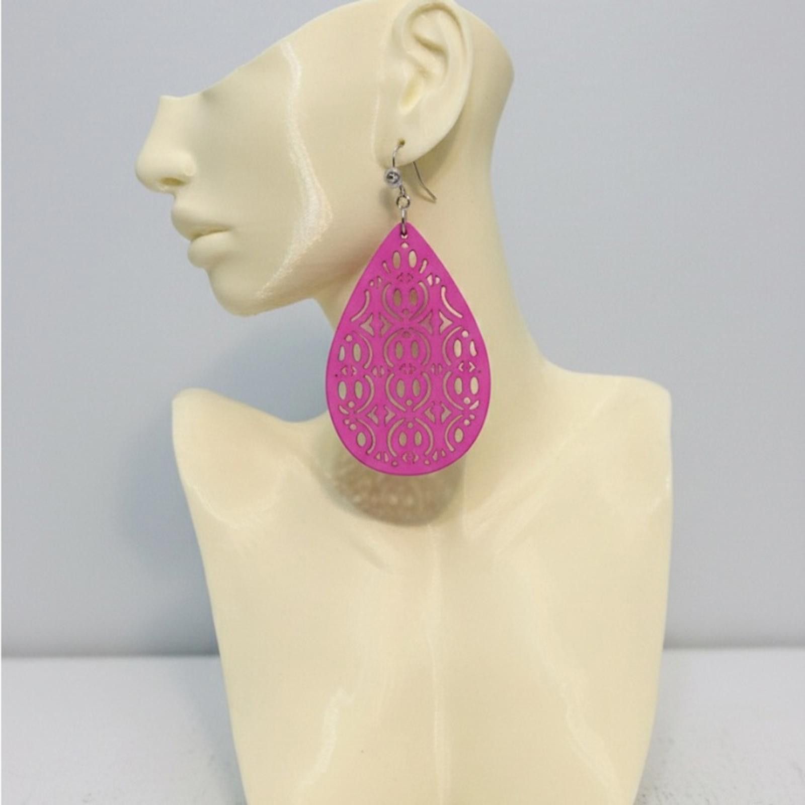 Handmade Pink Teardrop Laser Cut Wooden Earrings Size ONE SIZE - 1 Thumbnail
