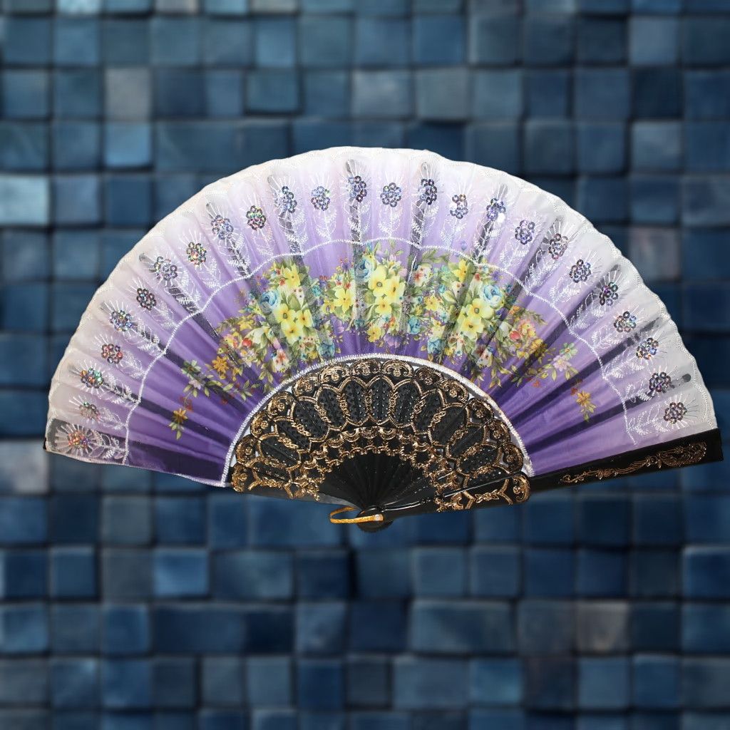 Vintage VINTAGE FAN Small Hand Fan with Flowers Sequin B3 - 16in Wide, 9in Closed - Unbranded / Handheld Fan #3811 Mens? No gender; omit. Size ONE SIZE - 1 Thumbnail